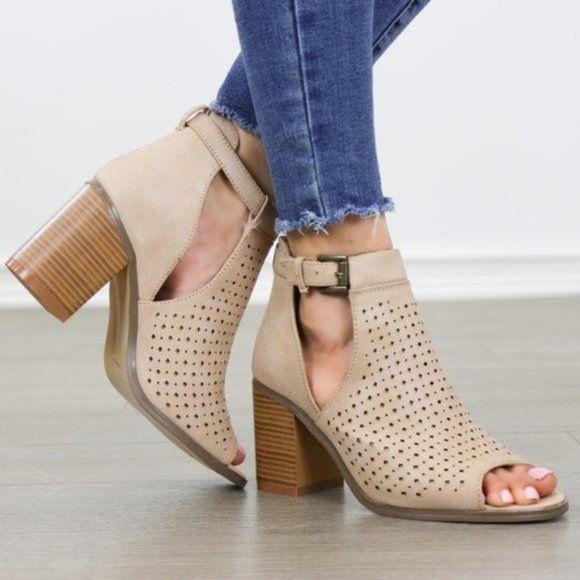A Rider Girl Shoes - Perforated Taupe Peep-Toe Block Heel Booties